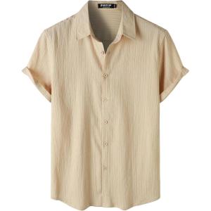 imageMens Stylish Stretch Wrinkle Free Short Sleeve Button Down Shirt Summer Casual Beach Vacation Button up ShirtsKhaki