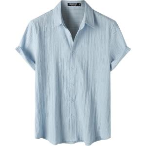 imageMens Stylish Stretch Wrinkle Free Short Sleeve Button Down Shirt Summer Casual Beach Vacation Button up ShirtsLight Blue