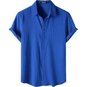 imageMens Stylish Stretch Wrinkle Free Short Sleeve Button Down Shirt Summer Casual Beach Vacation Button up ShirtsRoyal Blue