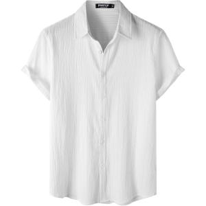 imageMens Stylish Stretch Wrinkle Free Short Sleeve Button Down Shirt Summer Casual Beach Vacation Button up ShirtsWhite