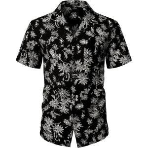 imageMens Summer Textured Cuban Collar Hawaiian Shirts Casual Vacation Short Sleeve Button Up Shirt with PocketBlack