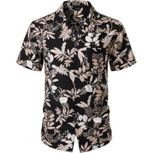 imageMens Summer Textured Cuban Collar Hawaiian Shirts Casual Vacation Short Sleeve Button Up Shirt with PocketBlack Leaves
