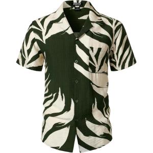 imageMens Summer Textured Cuban Collar Hawaiian Shirts Casual Vacation Short Sleeve Button Up Shirt with PocketDark Green