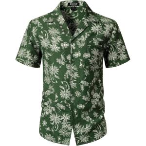 imageMens Summer Textured Cuban Collar Hawaiian Shirts Casual Vacation Short Sleeve Button Up Shirt with PocketForest Green