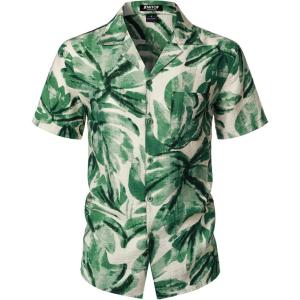 imageMens Summer Textured Cuban Collar Hawaiian Shirts Casual Vacation Short Sleeve Button Up Shirt with PocketGreen