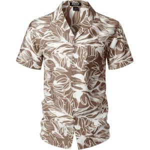 imageMens Summer Textured Cuban Collar Hawaiian Shirts Casual Vacation Short Sleeve Button Up Shirt with PocketKhaki