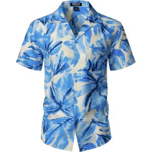 imageMens Summer Textured Cuban Collar Hawaiian Shirts Casual Vacation Short Sleeve Button Up Shirt with PocketLight Blue