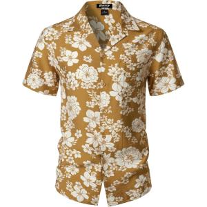 imageMens Summer Textured Cuban Collar Hawaiian Shirts Casual Vacation Short Sleeve Button Up Shirt with PocketMustard Yellow