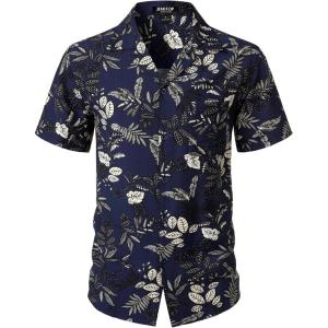 imageMens Summer Textured Cuban Collar Hawaiian Shirts Casual Vacation Short Sleeve Button Up Shirt with PocketNavy Blue Leaves