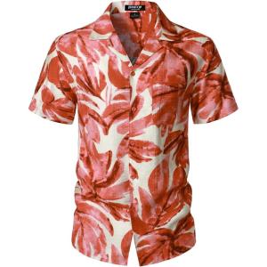 imageMens Summer Textured Cuban Collar Hawaiian Shirts Casual Vacation Short Sleeve Button Up Shirt with PocketOrange