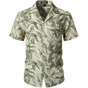 imageMens Summer Textured Cuban Collar Hawaiian Shirts Casual Vacation Short Sleeve Button Up Shirt with PocketSage Green