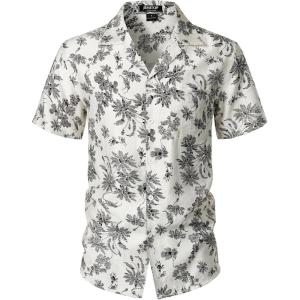 imageMens Summer Textured Cuban Collar Hawaiian Shirts Casual Vacation Short Sleeve Button Up Shirt with PocketWhite