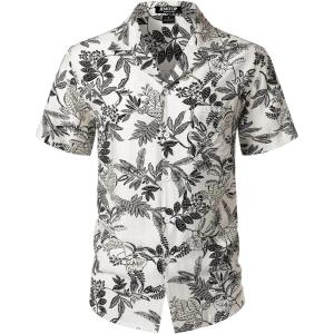 imageMens Summer Textured Cuban Collar Hawaiian Shirts Casual Vacation Short Sleeve Button Up Shirt with PocketWhite Leaves