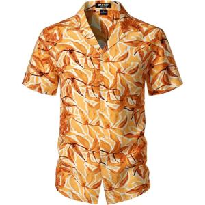 imageMens Summer Textured Cuban Collar Hawaiian Shirts Casual Vacation Short Sleeve Button Up Shirt with PocketYellow