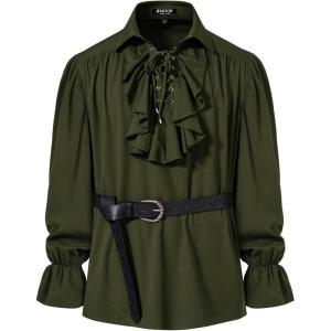 imageMens Vintage Ruffled Lace Up Shirts for Pirate Vampire Renaissance Gothic Victorian Steampunk Costume Without BeltArmy Green