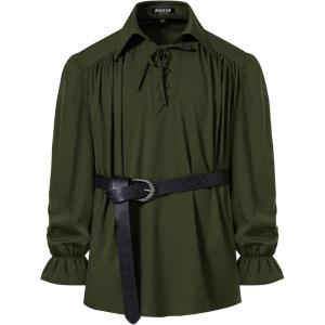 imageMens Vintage Ruffled Lace Up Shirts for Pirate Vampire Renaissance Gothic Victorian Steampunk Costume Without BeltArmy Greenb