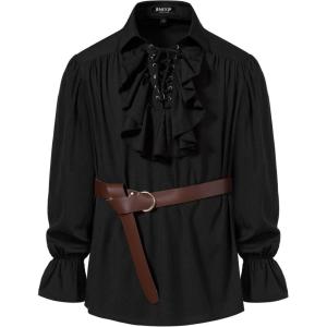 imageMens Vintage Ruffled Lace Up Shirts for Pirate Vampire Renaissance Gothic Victorian Steampunk Costume Without BeltBlack