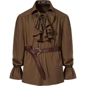imageMens Vintage Ruffled Lace Up Shirts for Pirate Vampire Renaissance Gothic Victorian Steampunk Costume Without BeltBrown