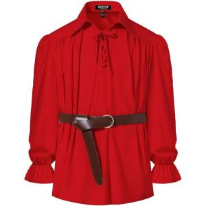 imageMens Vintage Ruffled Lace Up Shirts for Pirate Vampire Renaissance Gothic Victorian Steampunk Costume Without BeltClassic Red