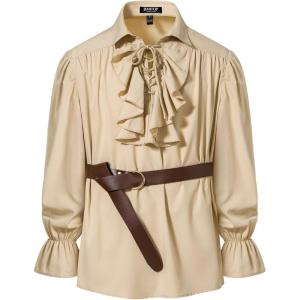 imageMens Vintage Ruffled Lace Up Shirts for Pirate Vampire Renaissance Gothic Victorian Steampunk Costume Without BeltKhaki