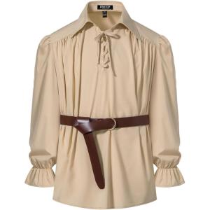 imageMens Vintage Ruffled Lace Up Shirts for Pirate Vampire Renaissance Gothic Victorian Steampunk Costume Without BeltKhakib