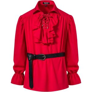 imageMens Vintage Ruffled Lace Up Shirts for Pirate Vampire Renaissance Gothic Victorian Steampunk Costume Without BeltRed