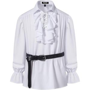 imageMens Vintage Ruffled Lace Up Shirts for Pirate Vampire Renaissance Gothic Victorian Steampunk Costume Without BeltWhite