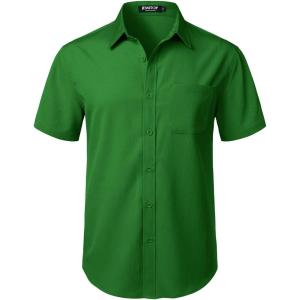 imageMens Stretch Wrinkle Free Short Sleeve Texture Shirt Lightweight Summer Button Down Shirts for Beach VacationGreen