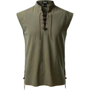 imageMens Retro Pure Cotton Lace Up Sleeveless Shirts for Pirate Renaissance Medieval Viking CostumeArmy Green