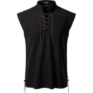 imageMens Retro Pure Cotton Lace Up Sleeveless Shirts for Pirate Renaissance Medieval Viking CostumeBlack