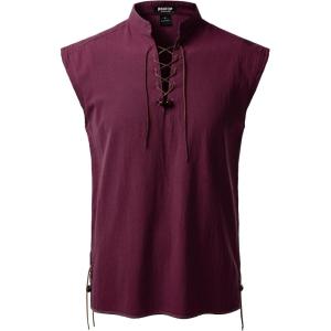 imageMens Retro Pure Cotton Lace Up Sleeveless Shirts for Pirate Renaissance Medieval Viking CostumeBurgundy