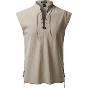 imageMens Retro Pure Cotton Lace Up Sleeveless Shirts for Pirate Renaissance Medieval Viking CostumeKhaki