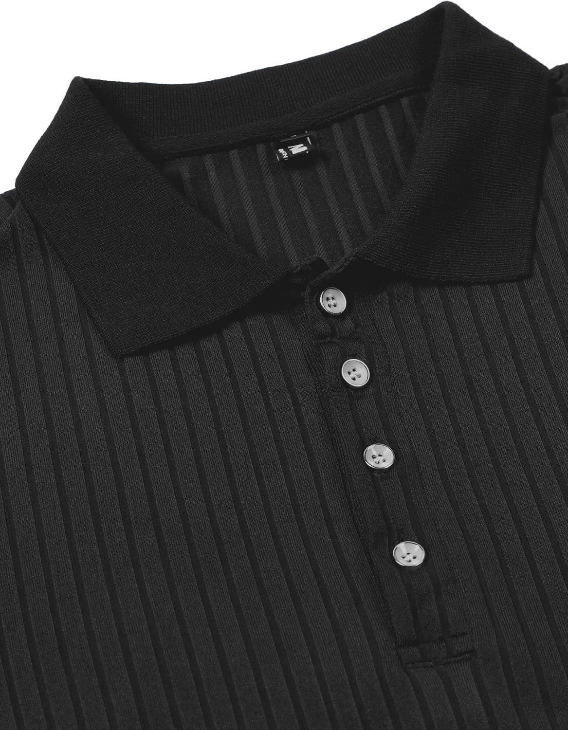 imageMens Stretch Knit Slim Fit Polo Shirts Casual Short Sleeve Ribbed Collar Muscle Golf ShirtBlack