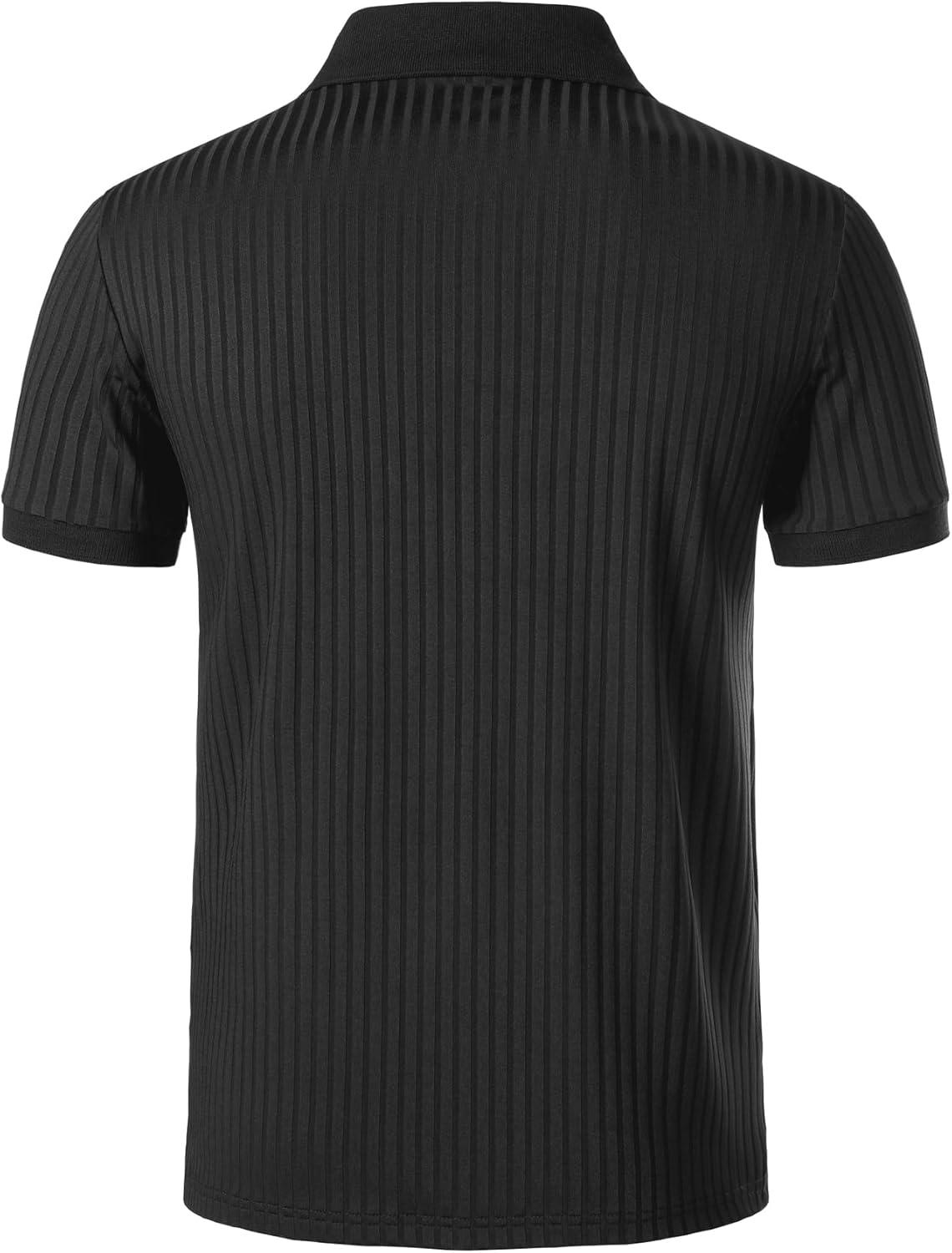 imageMens Stretch Knit Slim Fit Polo Shirts Casual Short Sleeve Ribbed Collar Muscle Golf ShirtBlack