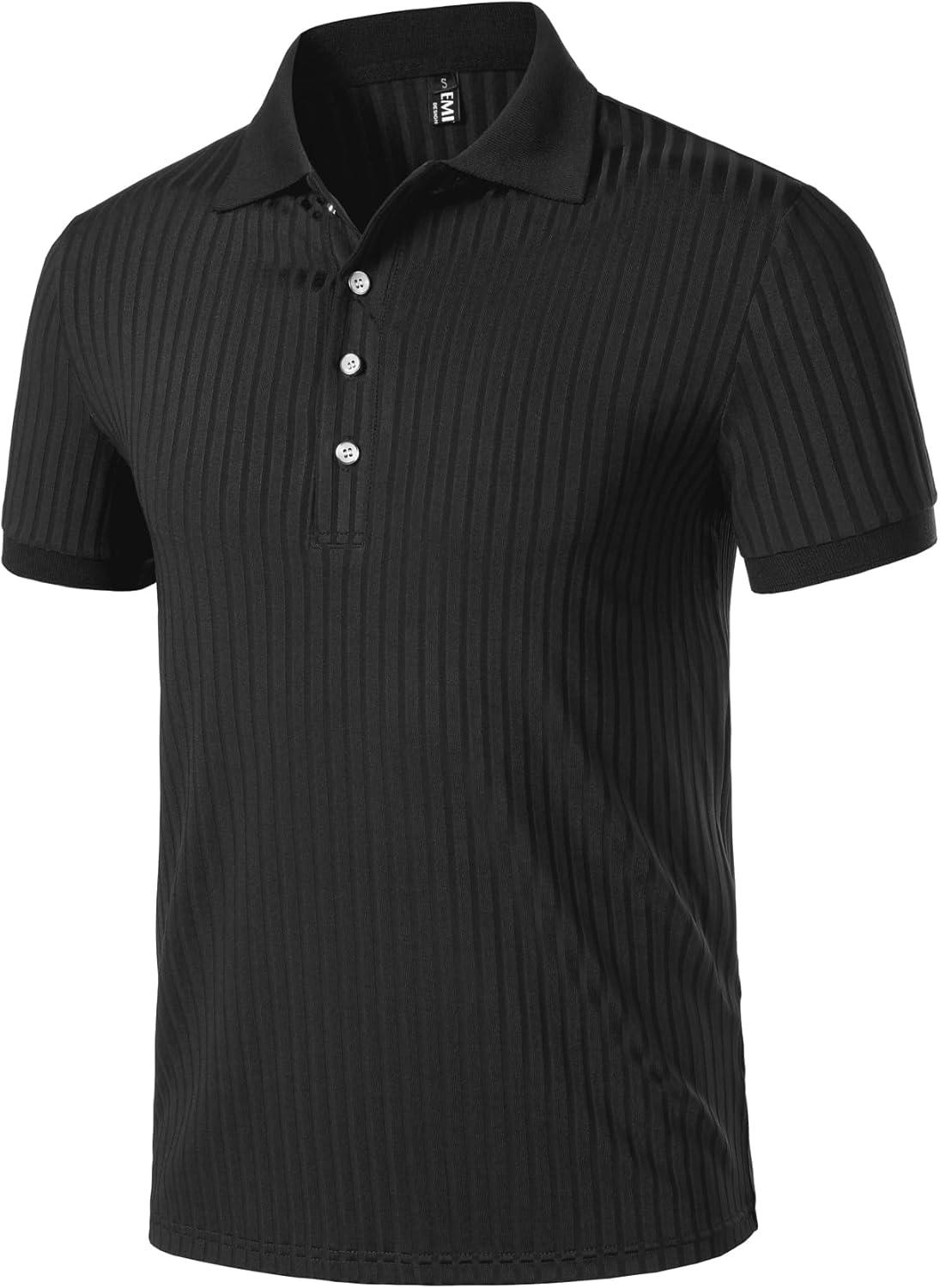 imageMens Stretch Knit Slim Fit Polo Shirts Casual Short Sleeve Ribbed Collar Muscle Golf ShirtBlack