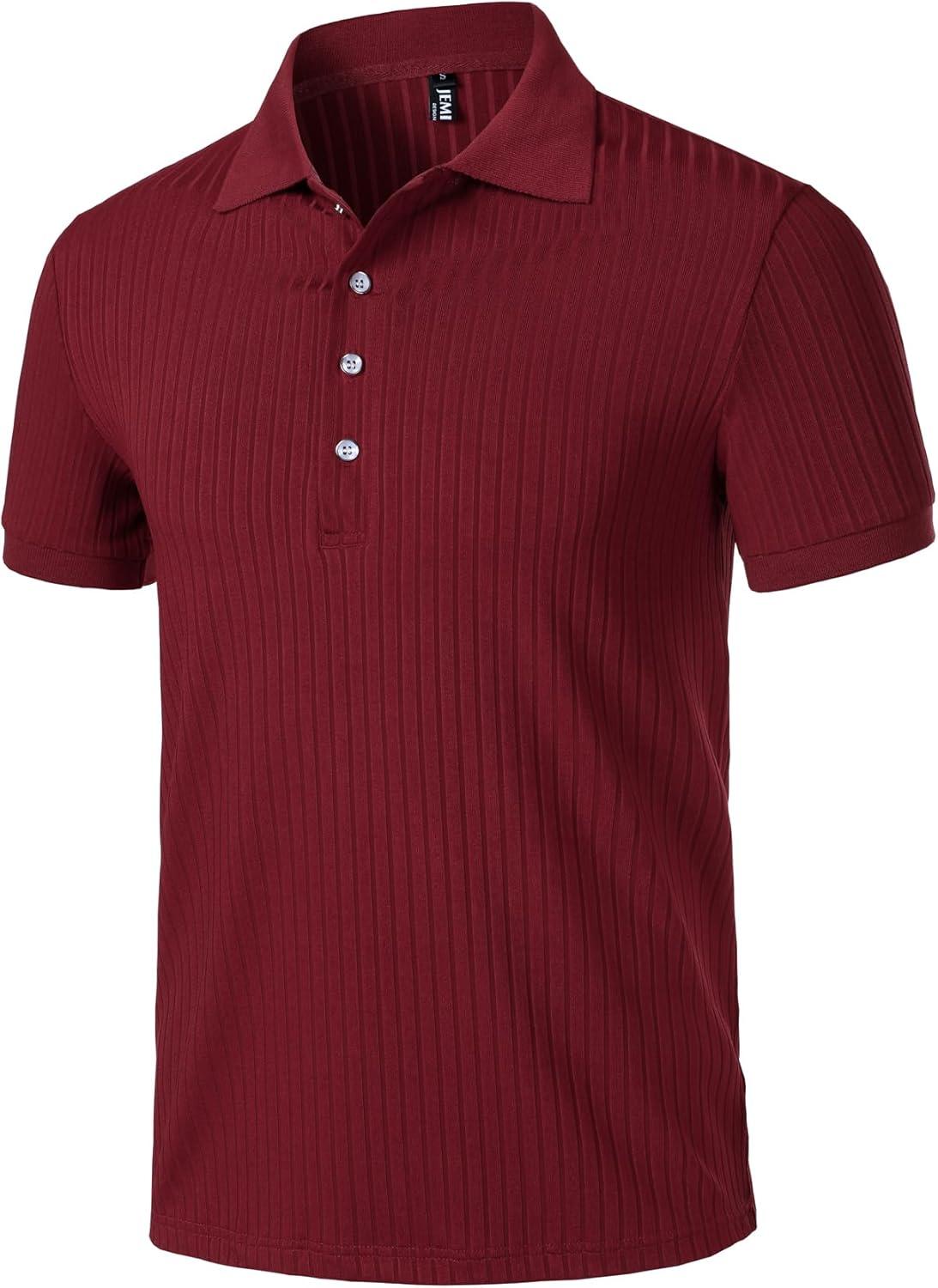 imageMens Stretch Knit Slim Fit Polo Shirts Casual Short Sleeve Ribbed Collar Muscle Golf ShirtBurgundy