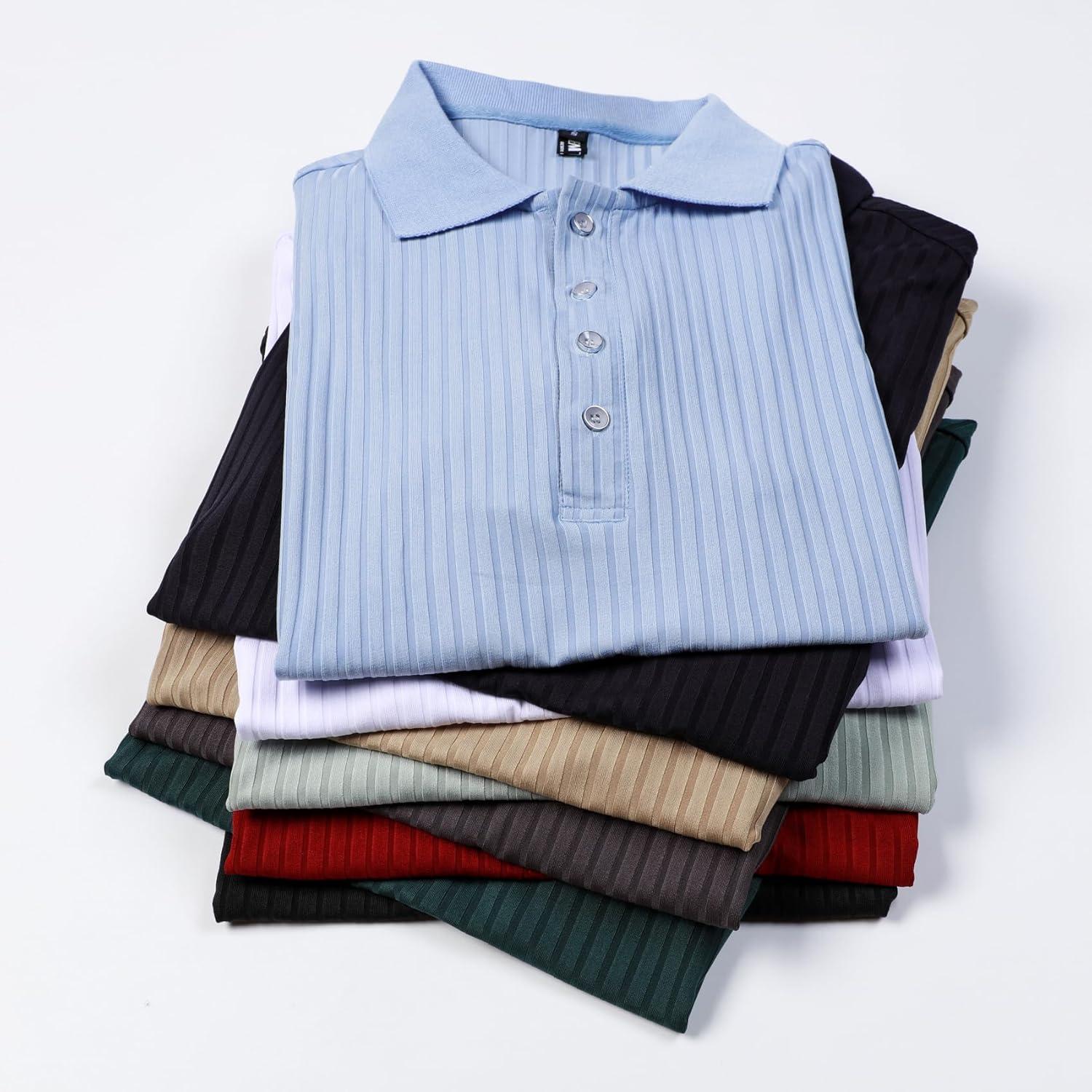 imageMens Stretch Knit Slim Fit Polo Shirts Casual Short Sleeve Ribbed Collar Muscle Golf ShirtBurgundy