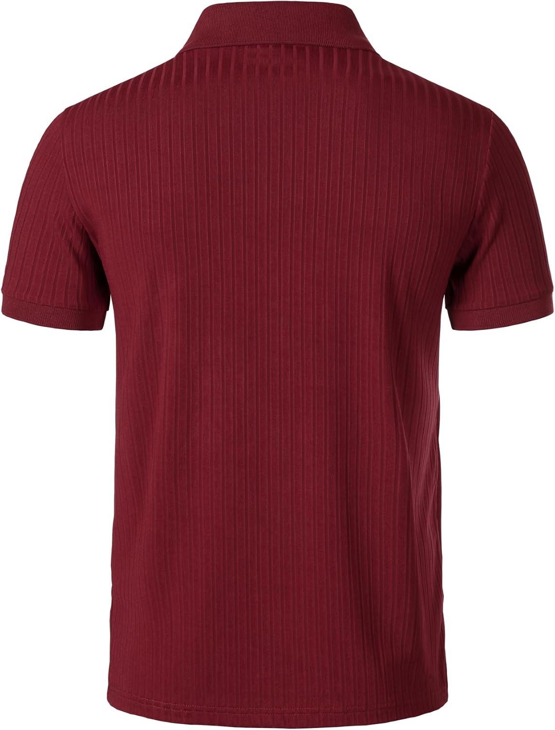 imageMens Stretch Knit Slim Fit Polo Shirts Casual Short Sleeve Ribbed Collar Muscle Golf ShirtBurgundy