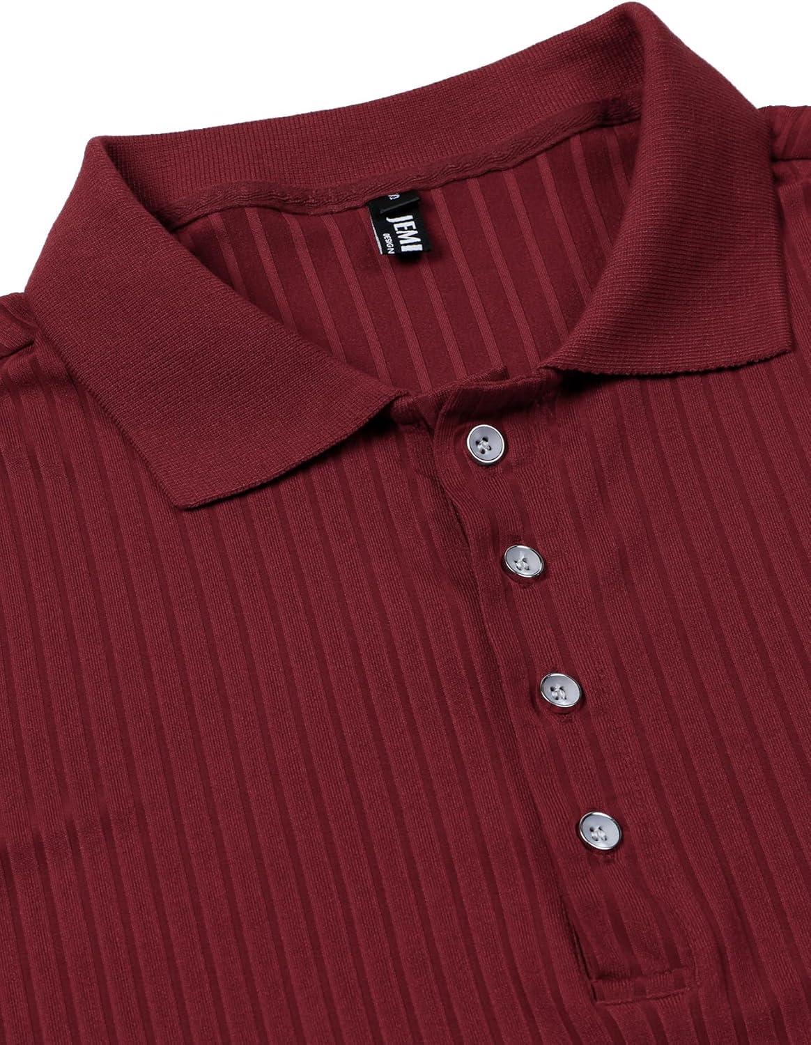 imageMens Stretch Knit Slim Fit Polo Shirts Casual Short Sleeve Ribbed Collar Muscle Golf ShirtBurgundy