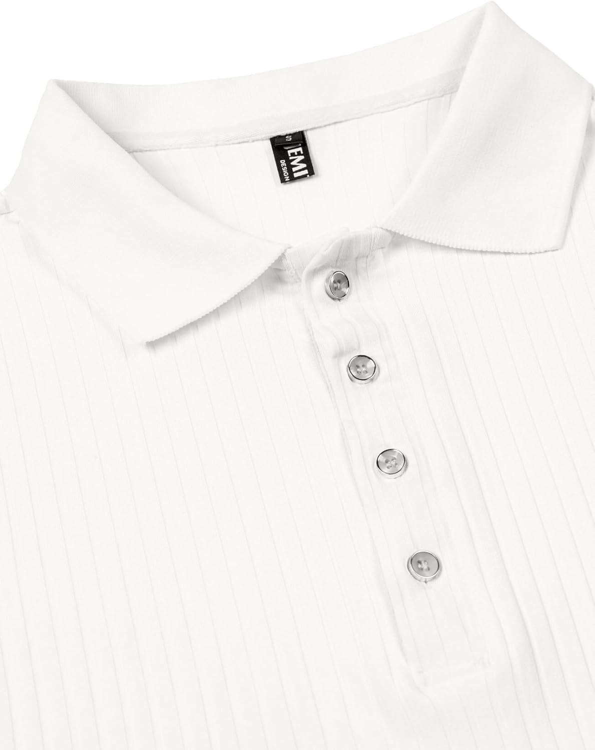 imageMens Stretch Knit Slim Fit Polo Shirts Casual Short Sleeve Ribbed Collar Muscle Golf ShirtCream White
