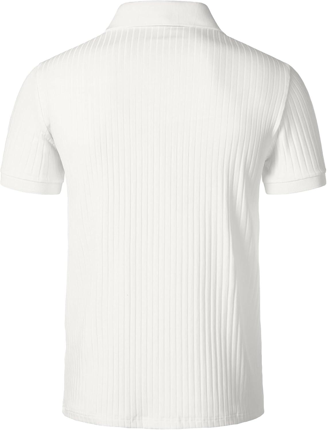 imageMens Stretch Knit Slim Fit Polo Shirts Casual Short Sleeve Ribbed Collar Muscle Golf ShirtCream White