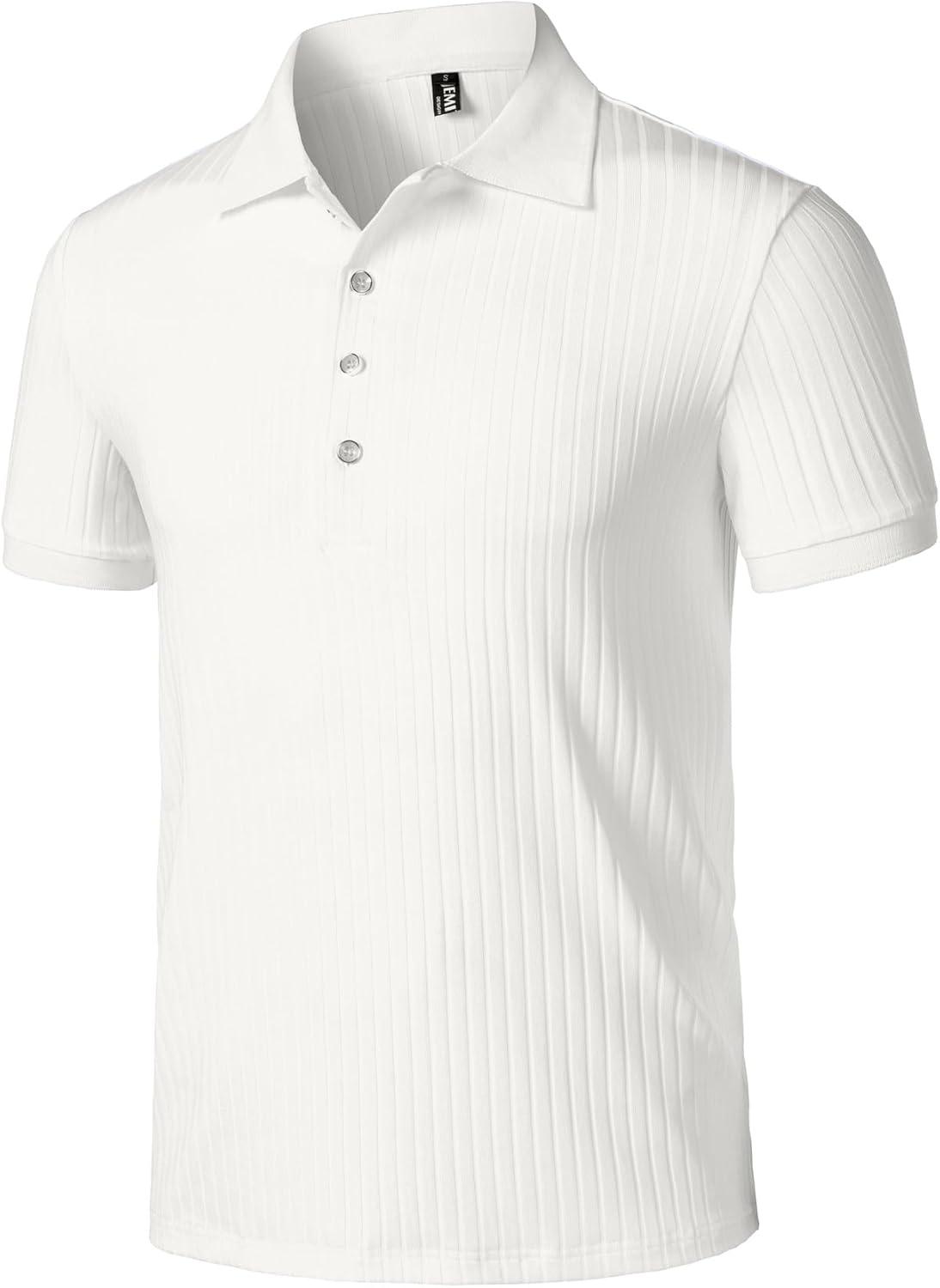 imageMens Stretch Knit Slim Fit Polo Shirts Casual Short Sleeve Ribbed Collar Muscle Golf ShirtCream White