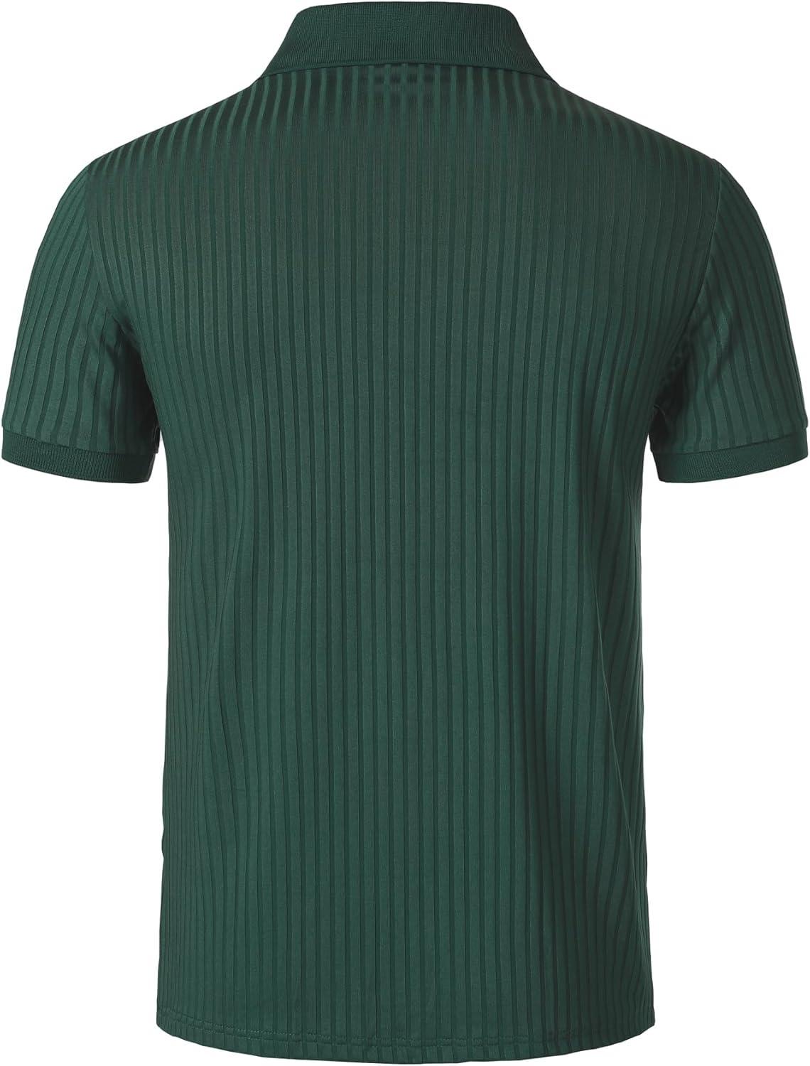 imageMens Stretch Knit Slim Fit Polo Shirts Casual Short Sleeve Ribbed Collar Muscle Golf ShirtDark Green