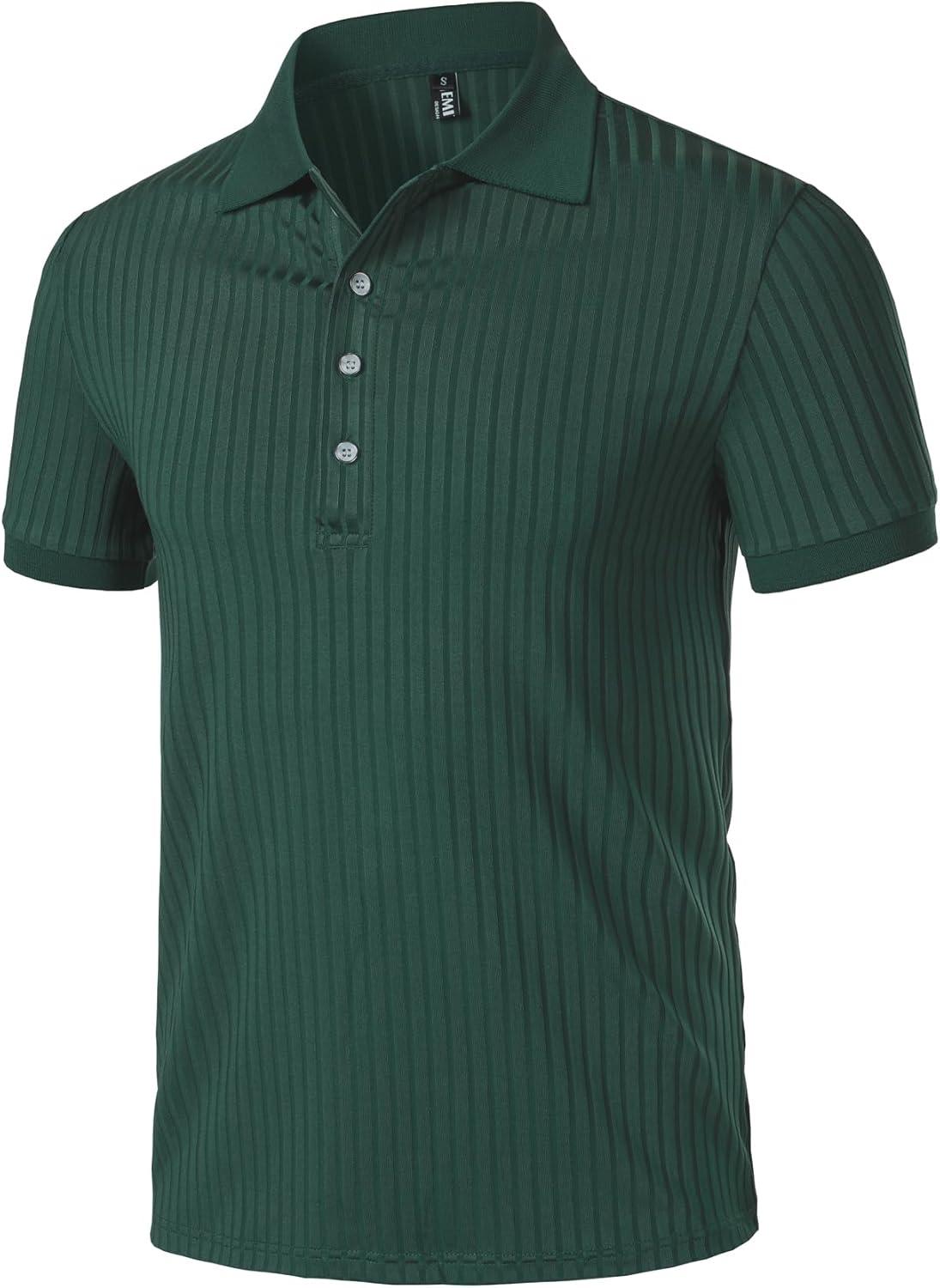 imageMens Stretch Knit Slim Fit Polo Shirts Casual Short Sleeve Ribbed Collar Muscle Golf ShirtDark Green