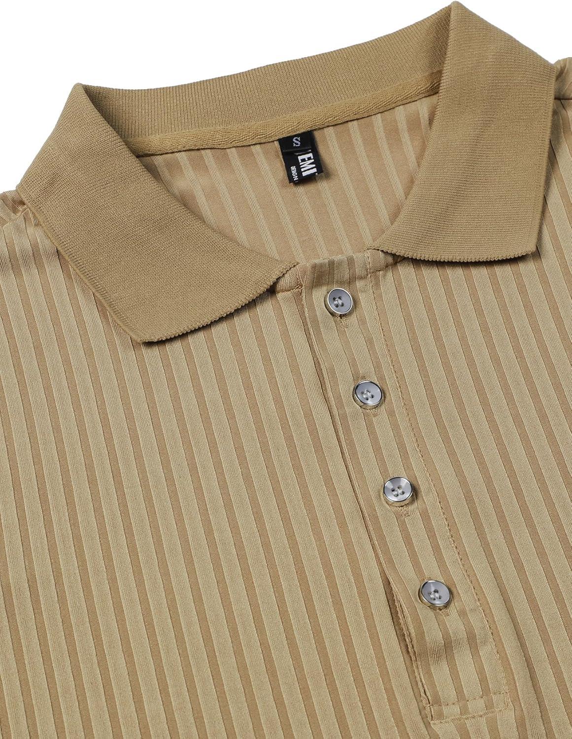 imageMens Stretch Knit Slim Fit Polo Shirts Casual Short Sleeve Ribbed Collar Muscle Golf ShirtKhaki