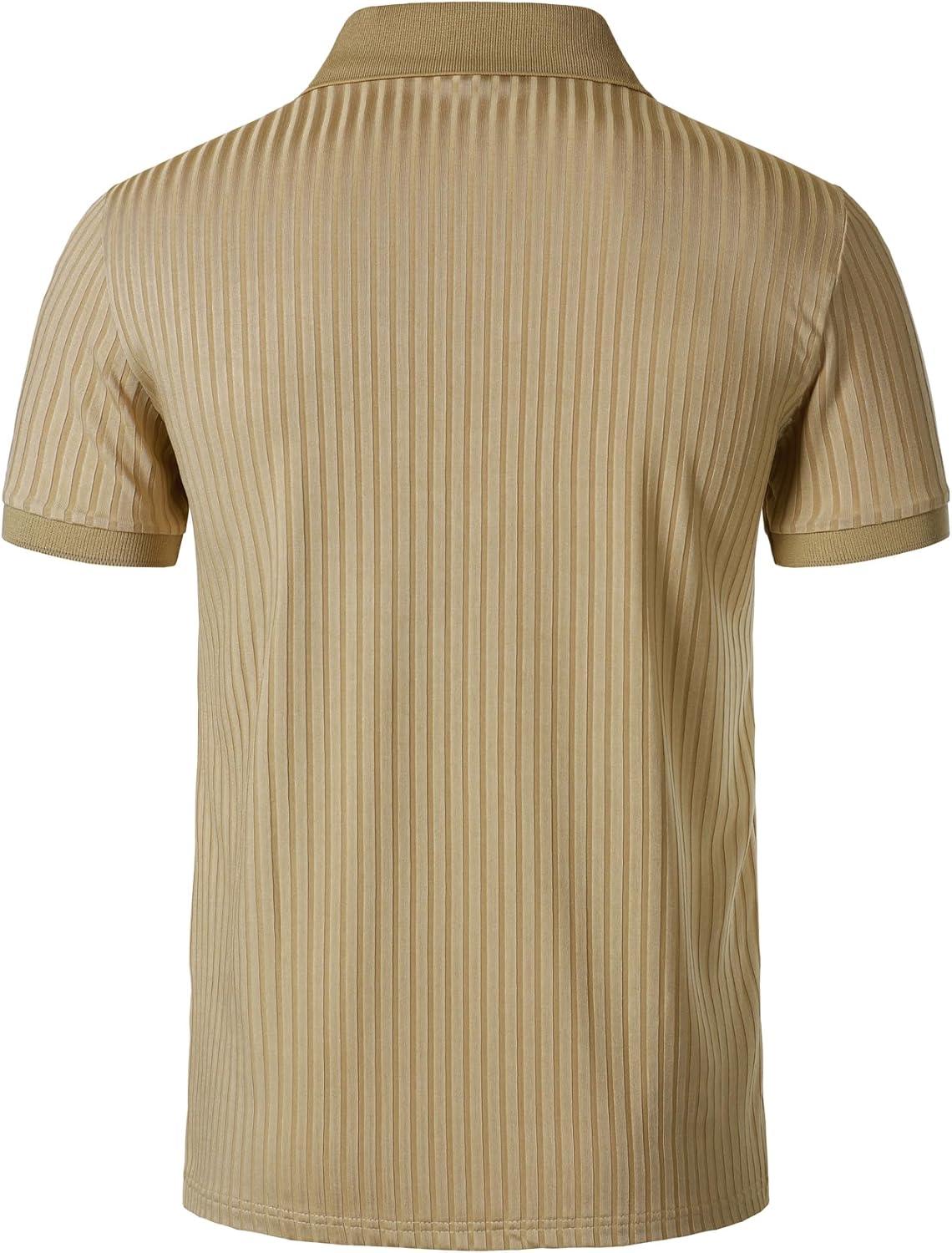 imageMens Stretch Knit Slim Fit Polo Shirts Casual Short Sleeve Ribbed Collar Muscle Golf ShirtKhaki