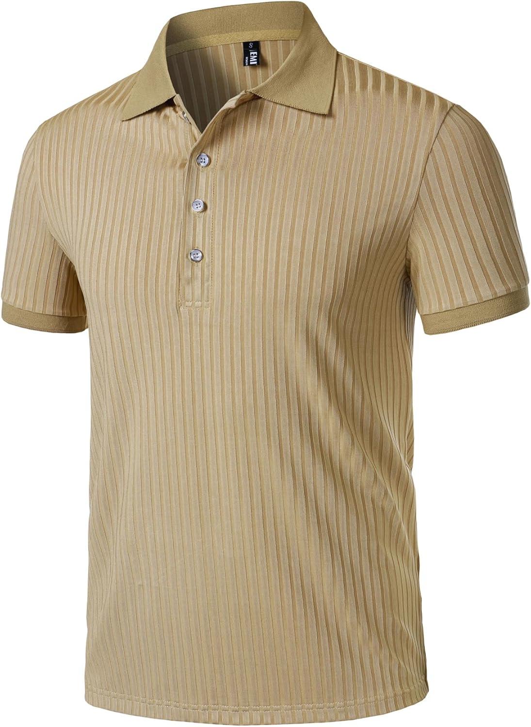 imageMens Stretch Knit Slim Fit Polo Shirts Casual Short Sleeve Ribbed Collar Muscle Golf ShirtKhaki