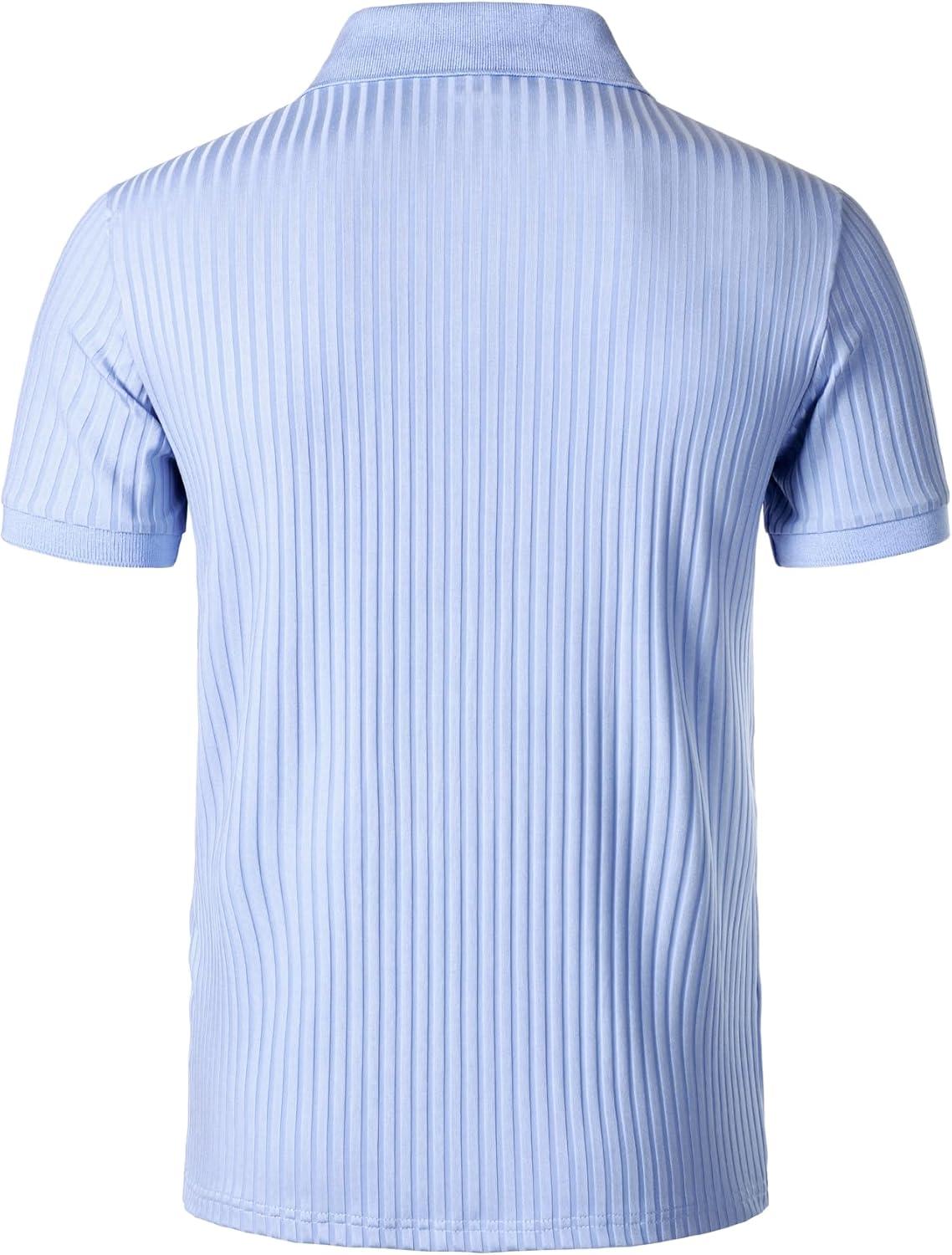 imageMens Stretch Knit Slim Fit Polo Shirts Casual Short Sleeve Ribbed Collar Muscle Golf ShirtLight Blue