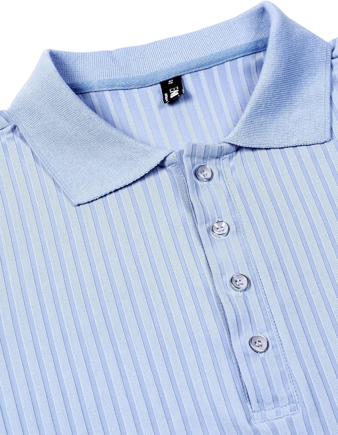 imageMens Stretch Knit Slim Fit Polo Shirts Casual Short Sleeve Ribbed Collar Muscle Golf ShirtLight Blue