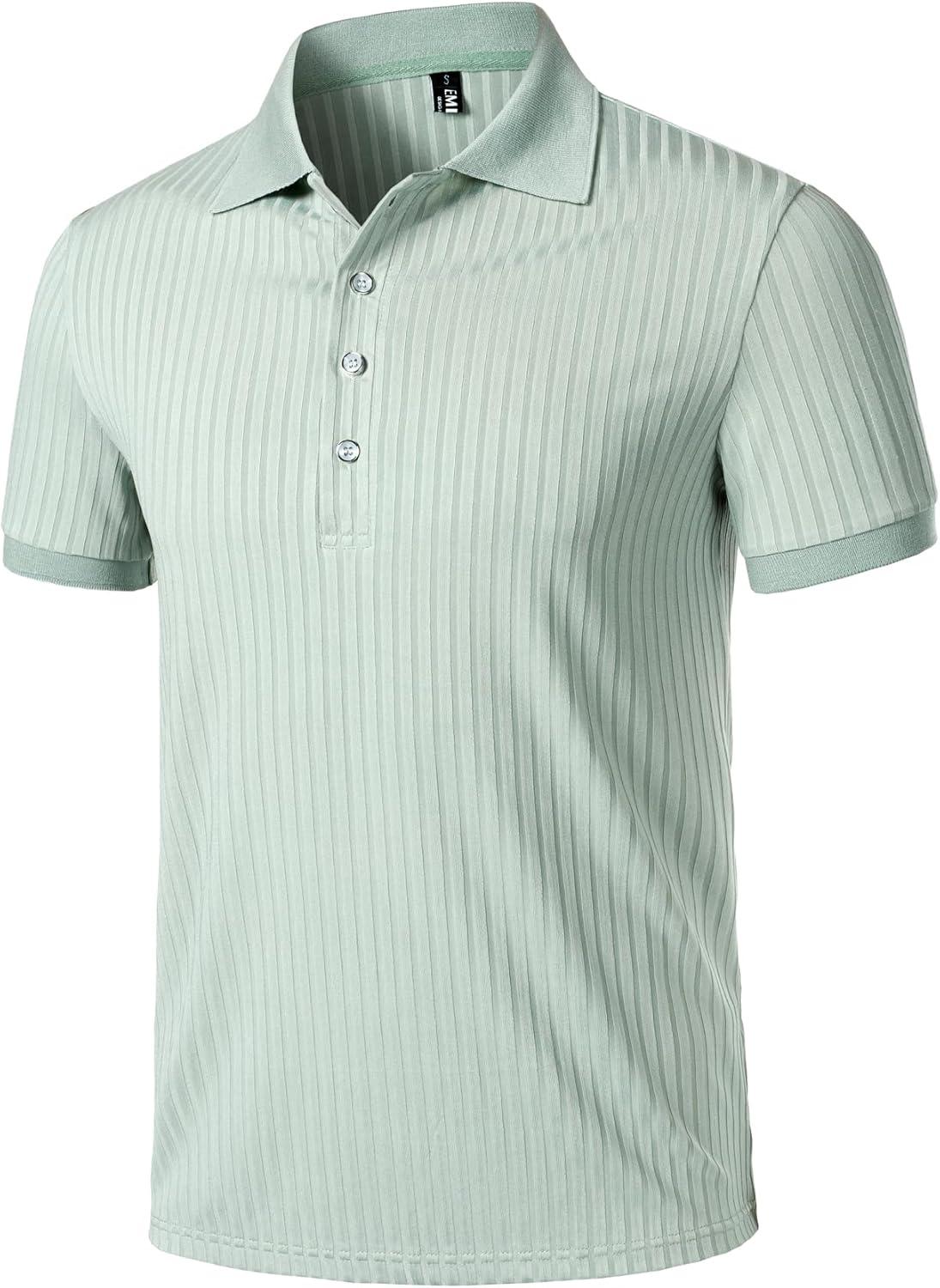 imageMens Stretch Knit Slim Fit Polo Shirts Casual Short Sleeve Ribbed Collar Muscle Golf ShirtLight Green